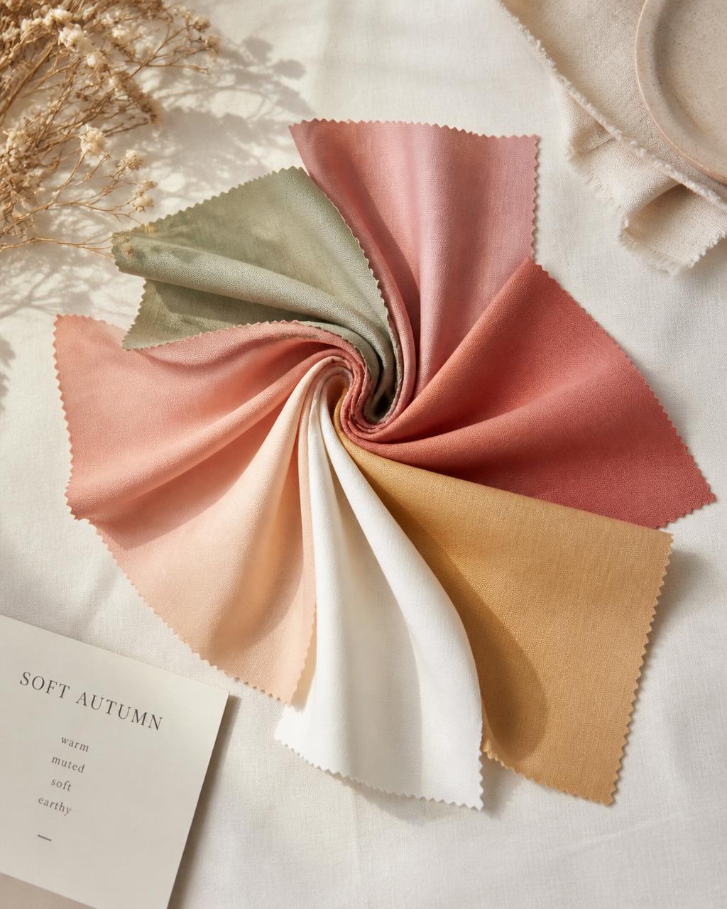 A curated arrangement of fabric colour swatches in soft sage, cream, terracotta and dusty rose